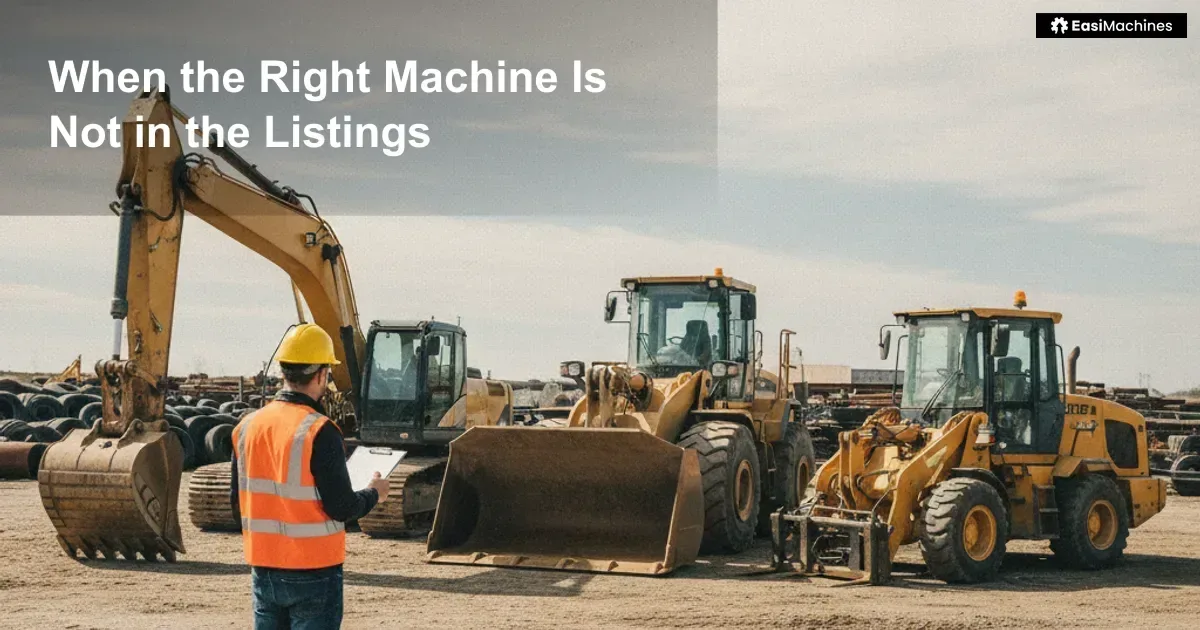 A buyer comparing an excavator, wheel loader and backhoe loader in an equipment yard.