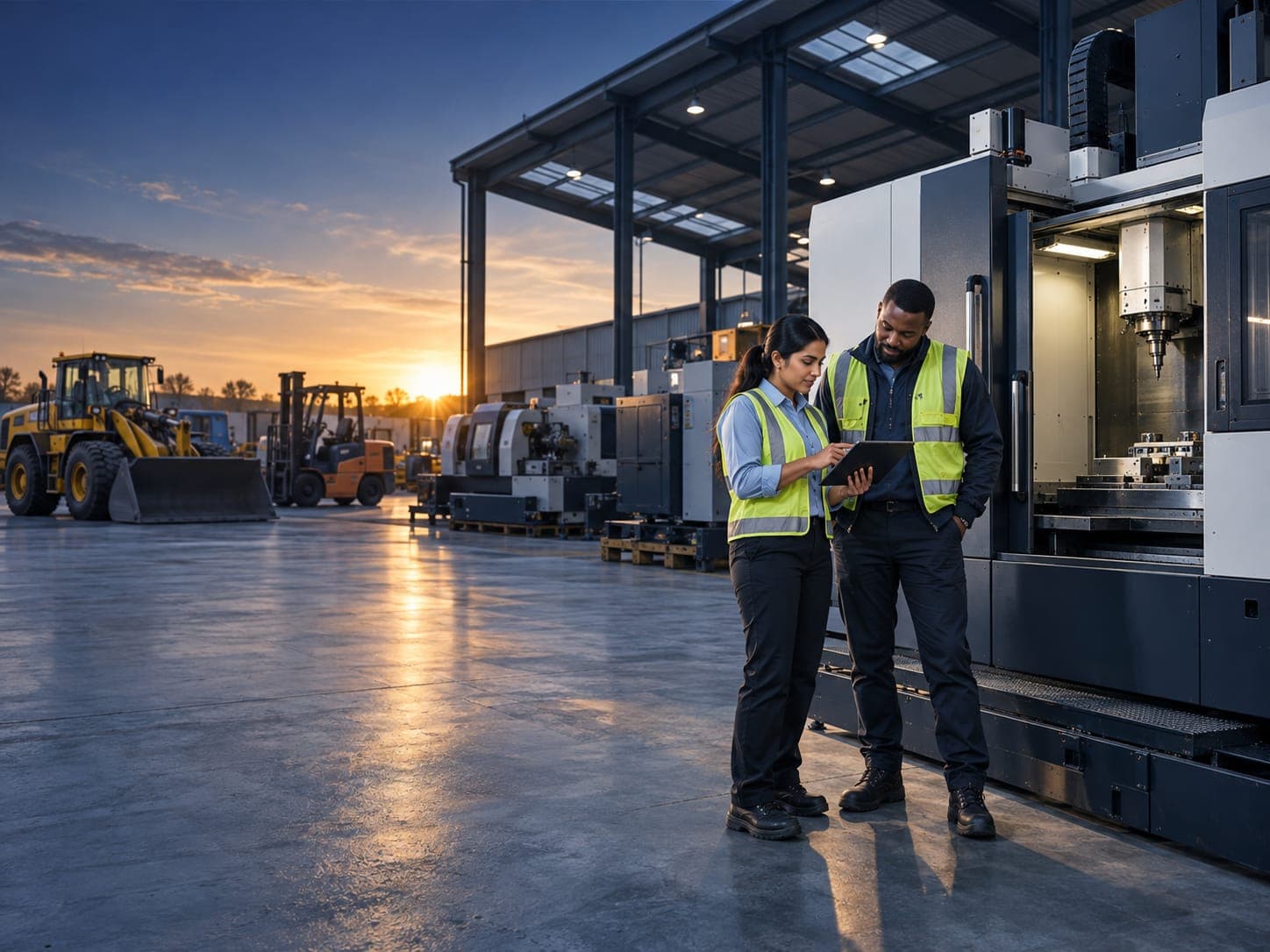 Two colleagues reviewing details on a tablet beside a machining centre in an equipment yard
