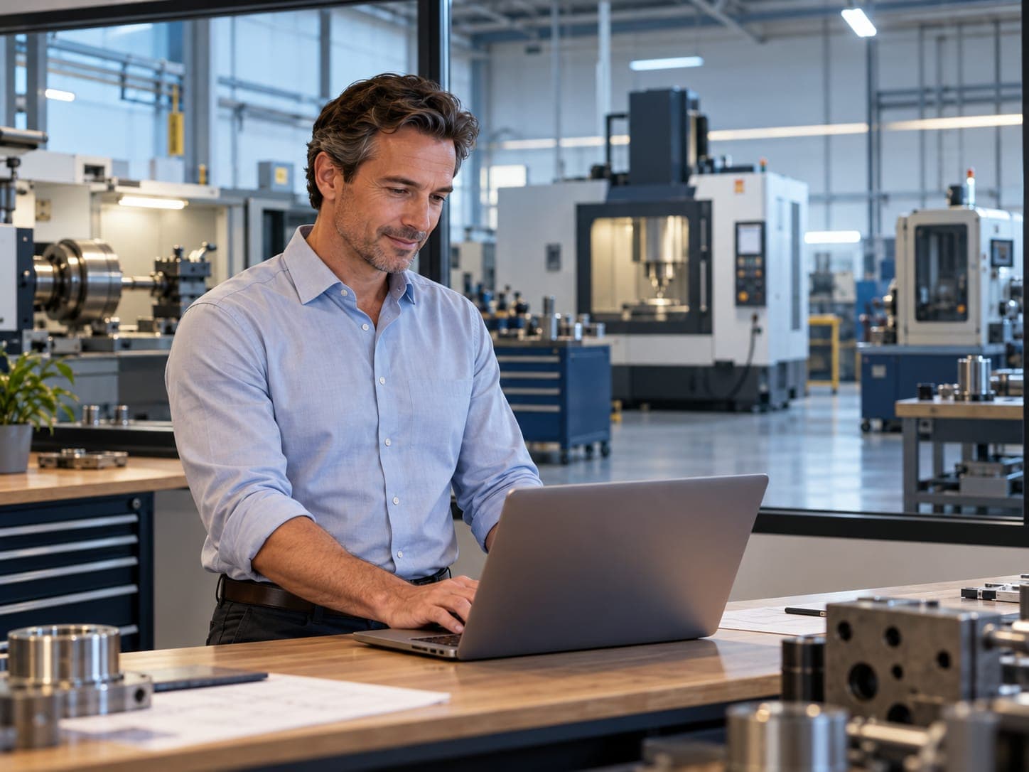A machinery business owner working on a laptop beside his machine shop