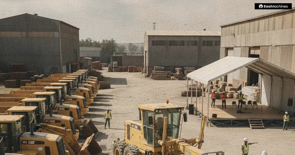 Photo-style illustration of a row of heavy construction equipment lined up at an outdoor auction yard on a factory floor