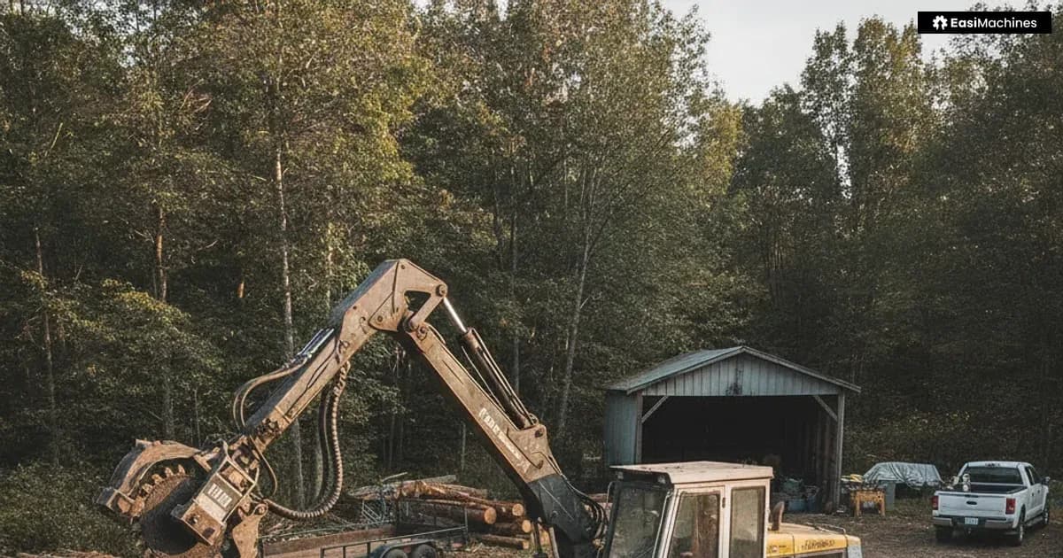 Photo-style illustration of the cutting head and boom of a tracked feller buncher in a forest setting in a small equipment