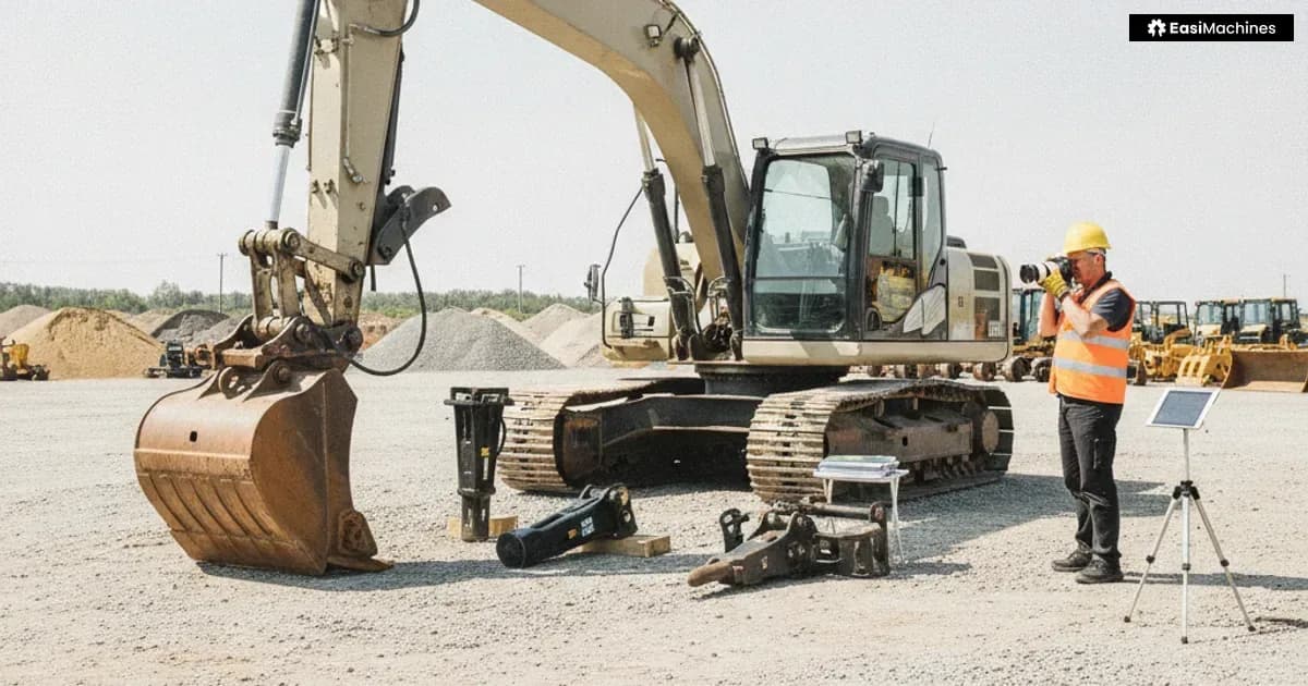 Photo-style illustration of a machine for the guide “Crawler Excavator Listing: Identify Attachments, Hours and Service