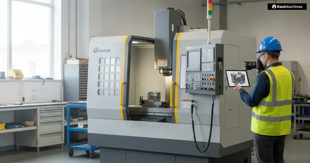 Photo-style illustration of a machine for the guide “VMC Resale: Show Test Cuts, Control and Spindle Condition” at a work