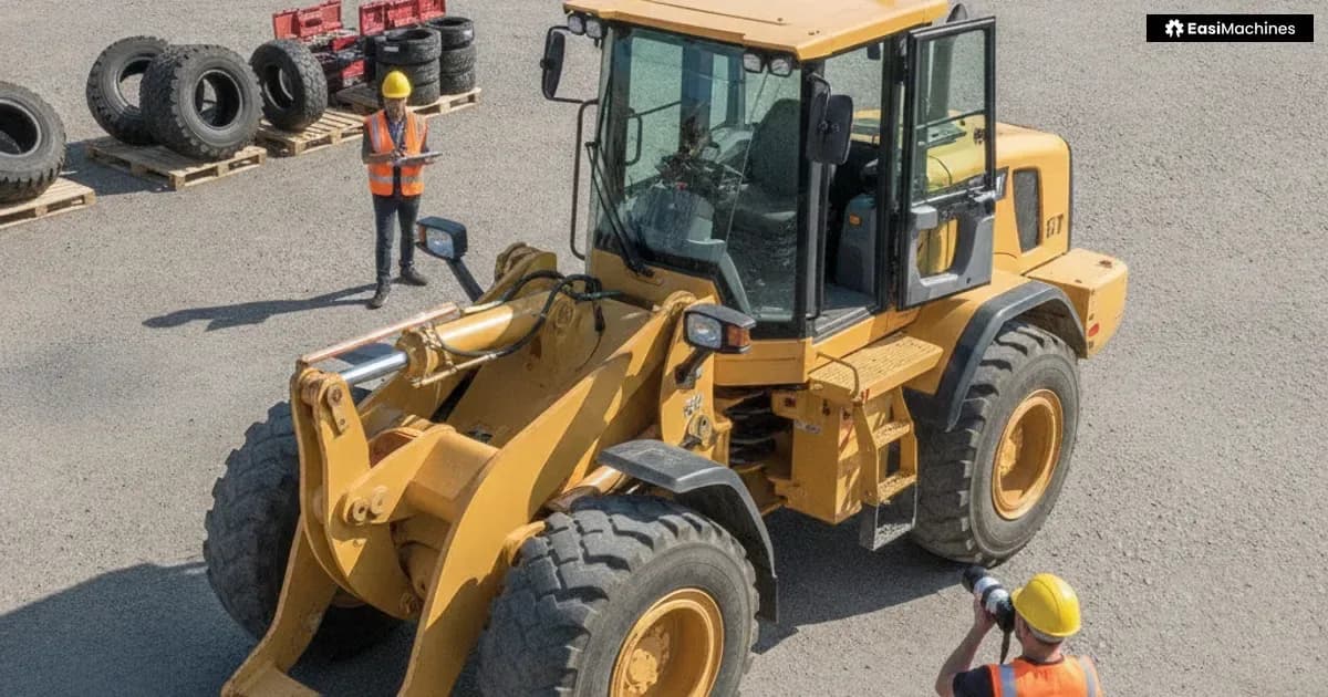 Photo-style illustration of a machine for the guide “Wheel Loader Sale: Tyres, Lift Arms and Service Evidence” at a work site