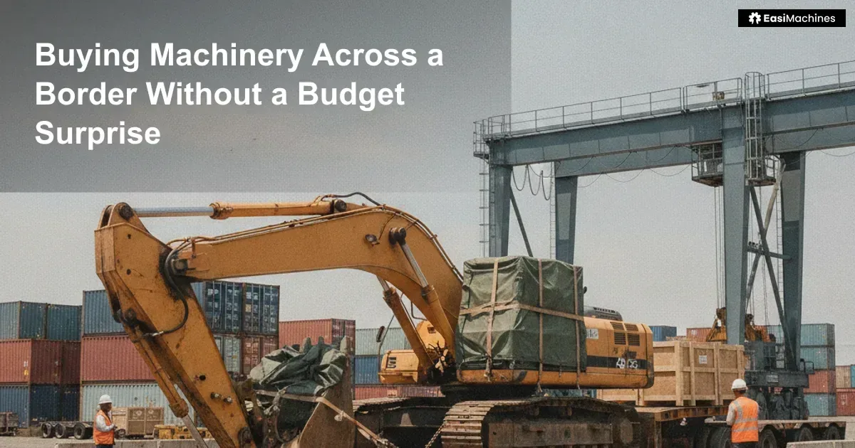 An unbranded used excavator being prepared for freight transport at a cargo yard.