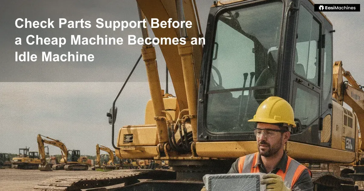 A technician comparing a replacement component beside an unbranded used excavator.