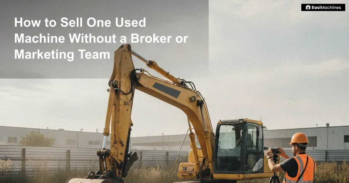 An independent owner photographing one unbranded used excavator in a modest equipment yard.