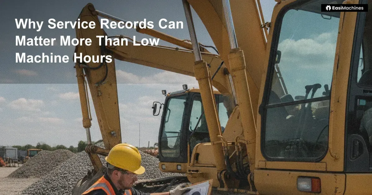 A technician checking maintenance records beside an unbranded used excavator.