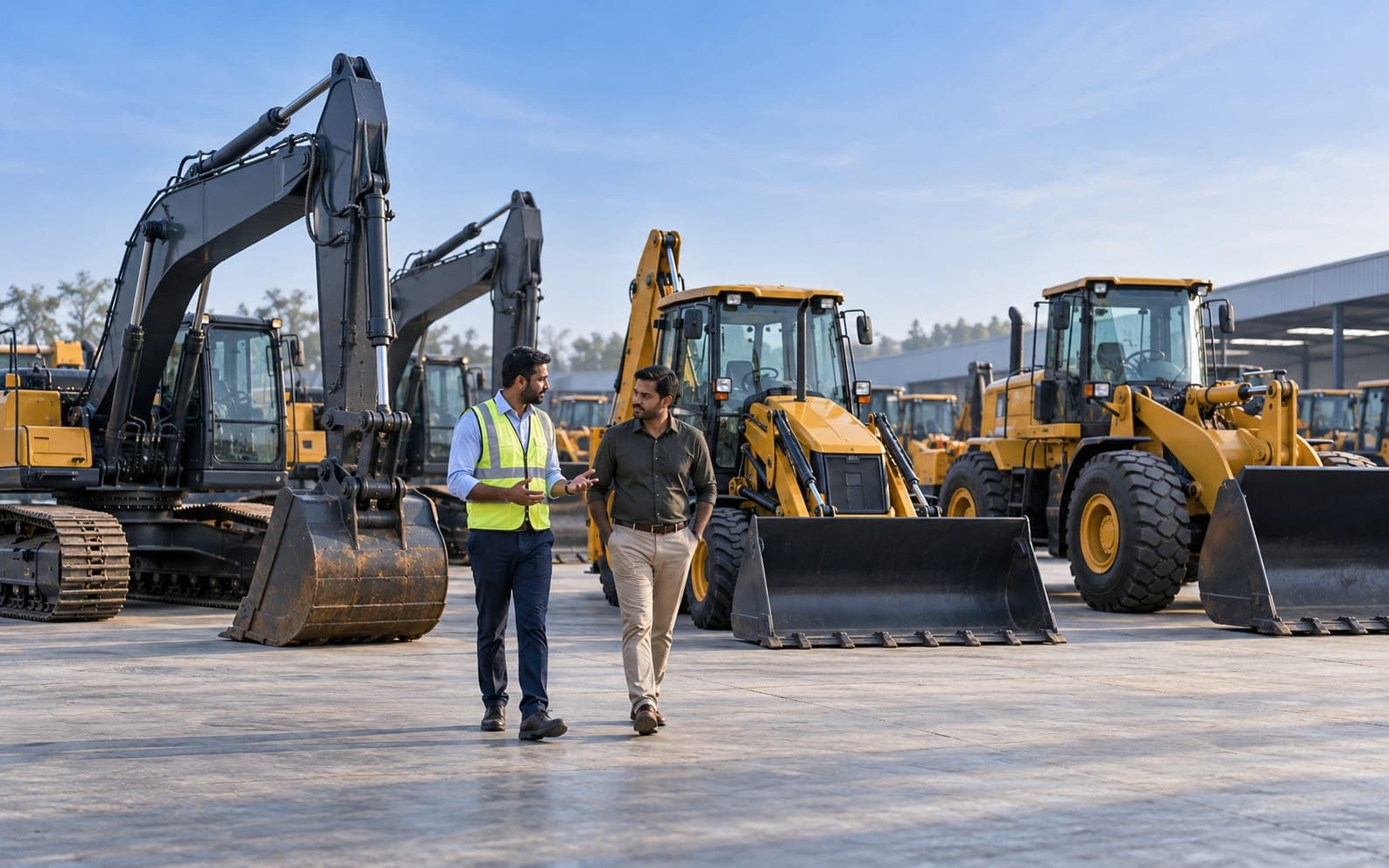A dealer and a buyer walking past excavators and loaders in a dealer yard
