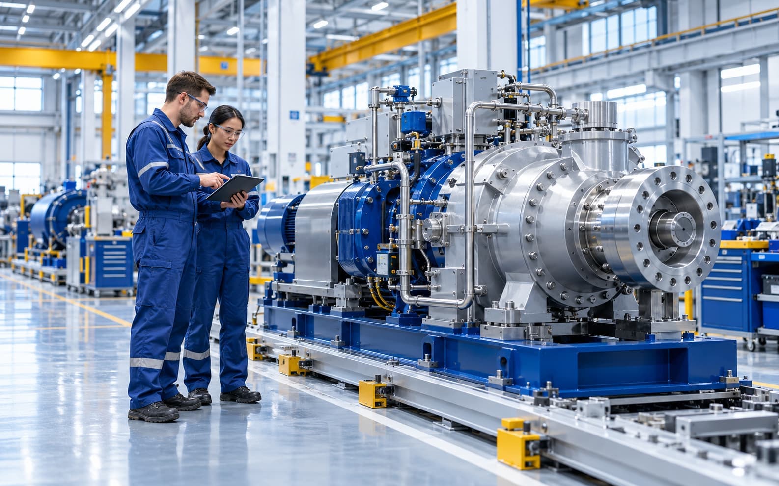 Two engineers checking a newly built industrial machine on a factory floor