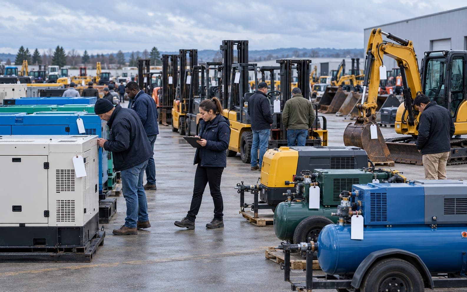 Buyers inspecting tagged generators, forklifts and excavators at an equipment auction