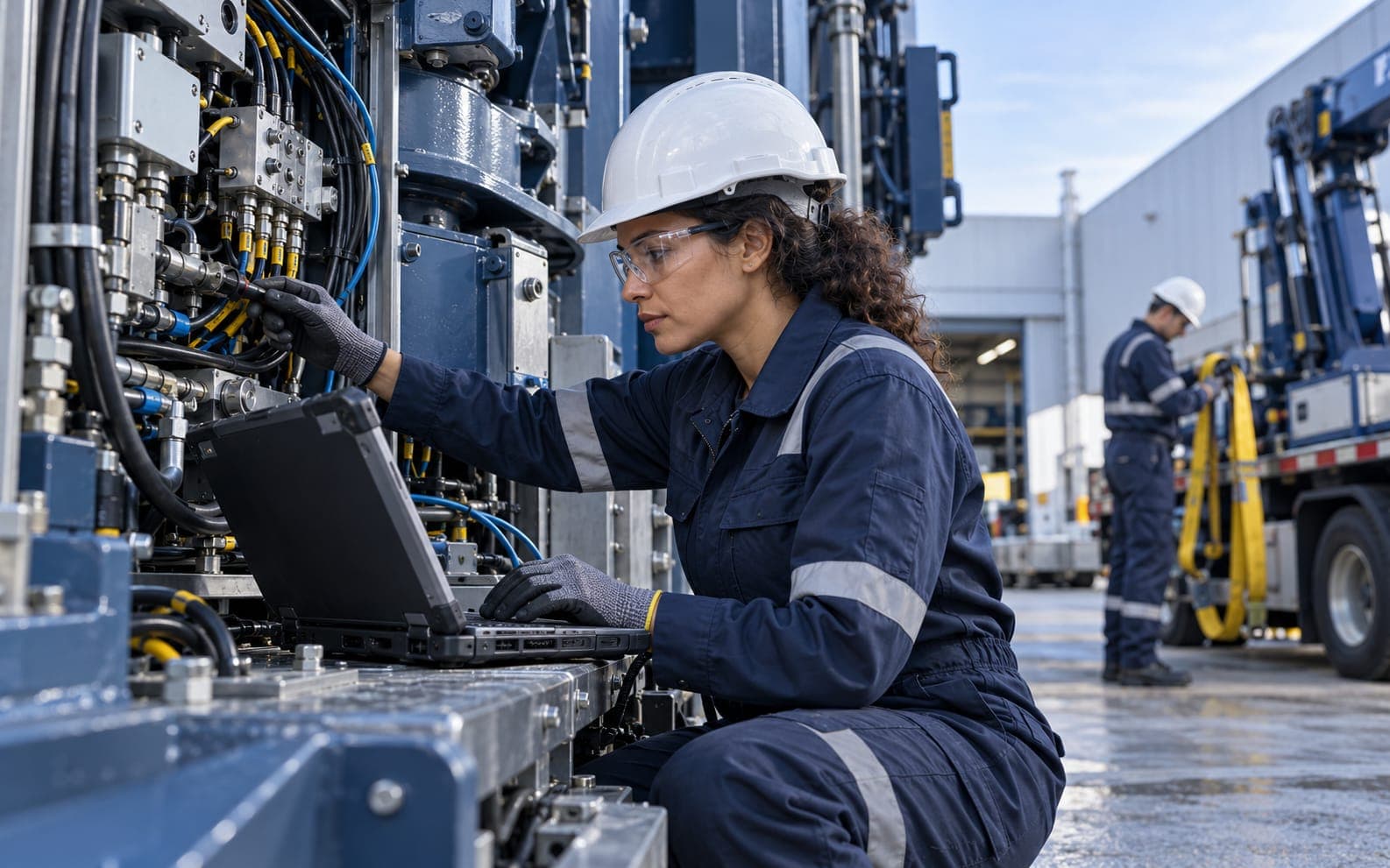 A technician running diagnostics on an industrial machine with a laptop