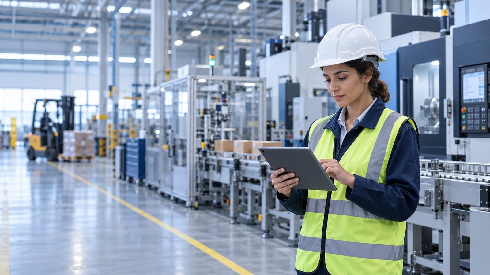 An engineer comparing machinery businesses on a tablet in a factory