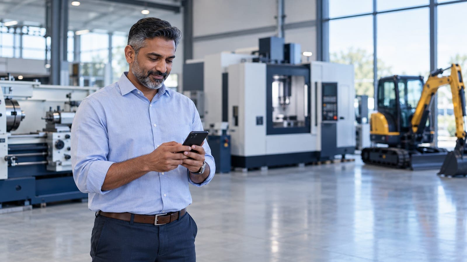 A machinery business owner checking his company profile on his phone in his showroom